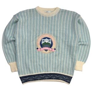 Vintage Back Country Canada Embroidered Mountain Water Geese Striped Pastel Knit